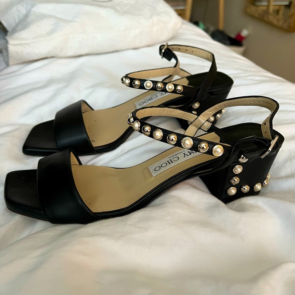 Jimmy Choo Faux Pearl Accent Leather Slingback Sandals